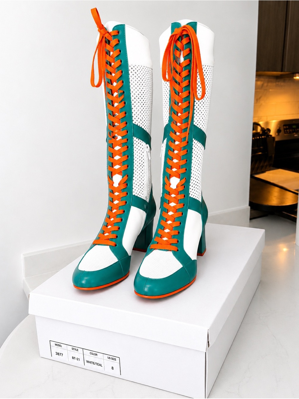 Miami Dolphin boots in Teal and White Knee-High Lace-Up Boots with Orange Laces